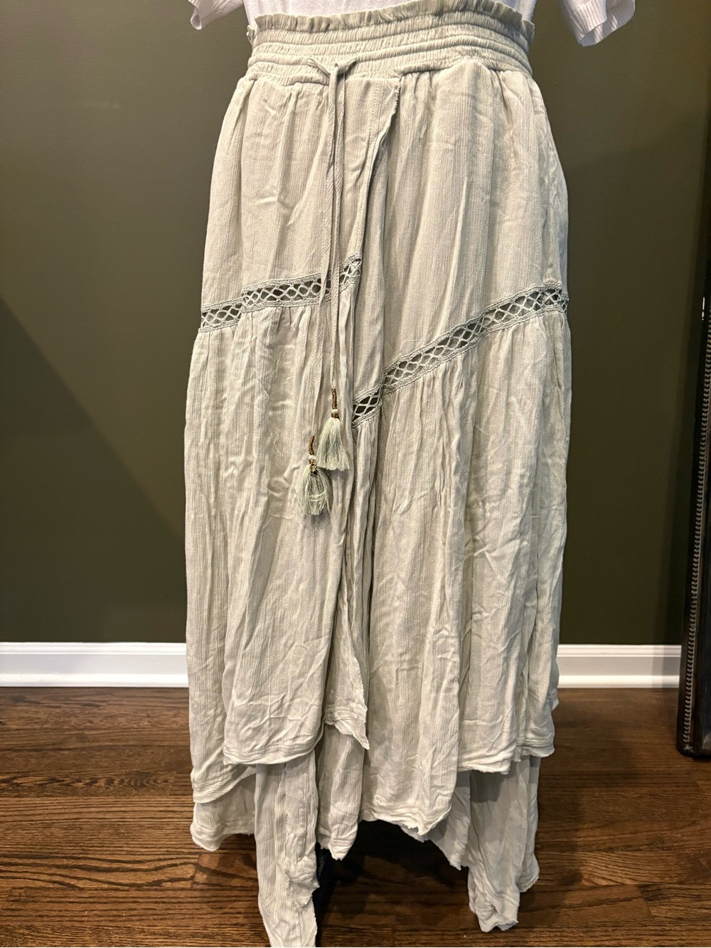 Free People Sage Green Boho High-Low Tiered Skirt